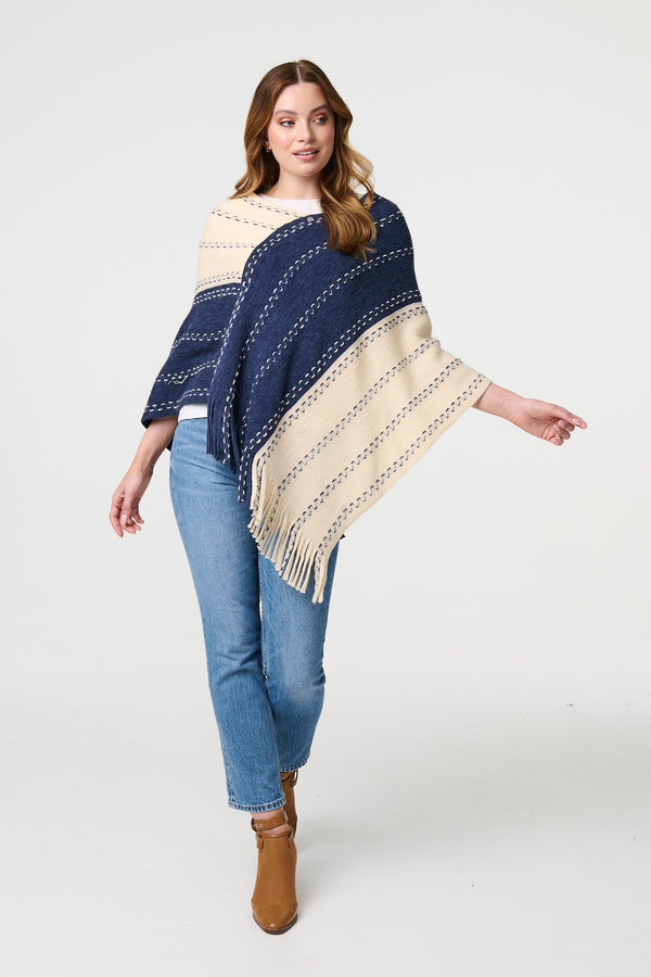 Blue | Striped Tassel Trim Oversized Poncho
