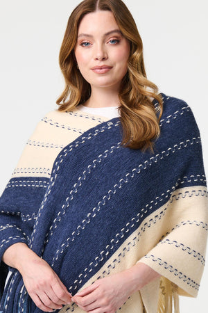 Blue | Striped Tassel Trim Oversized Poncho
