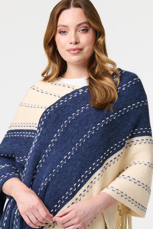 Blue | Striped Tassel Trim Oversized Poncho
