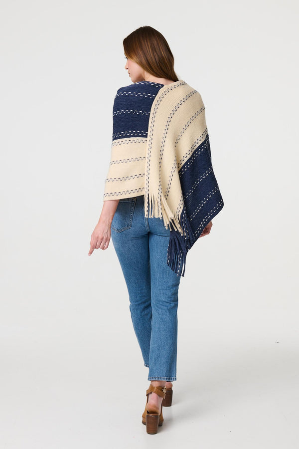 Blue | Striped Tassel Trim Oversized Poncho
