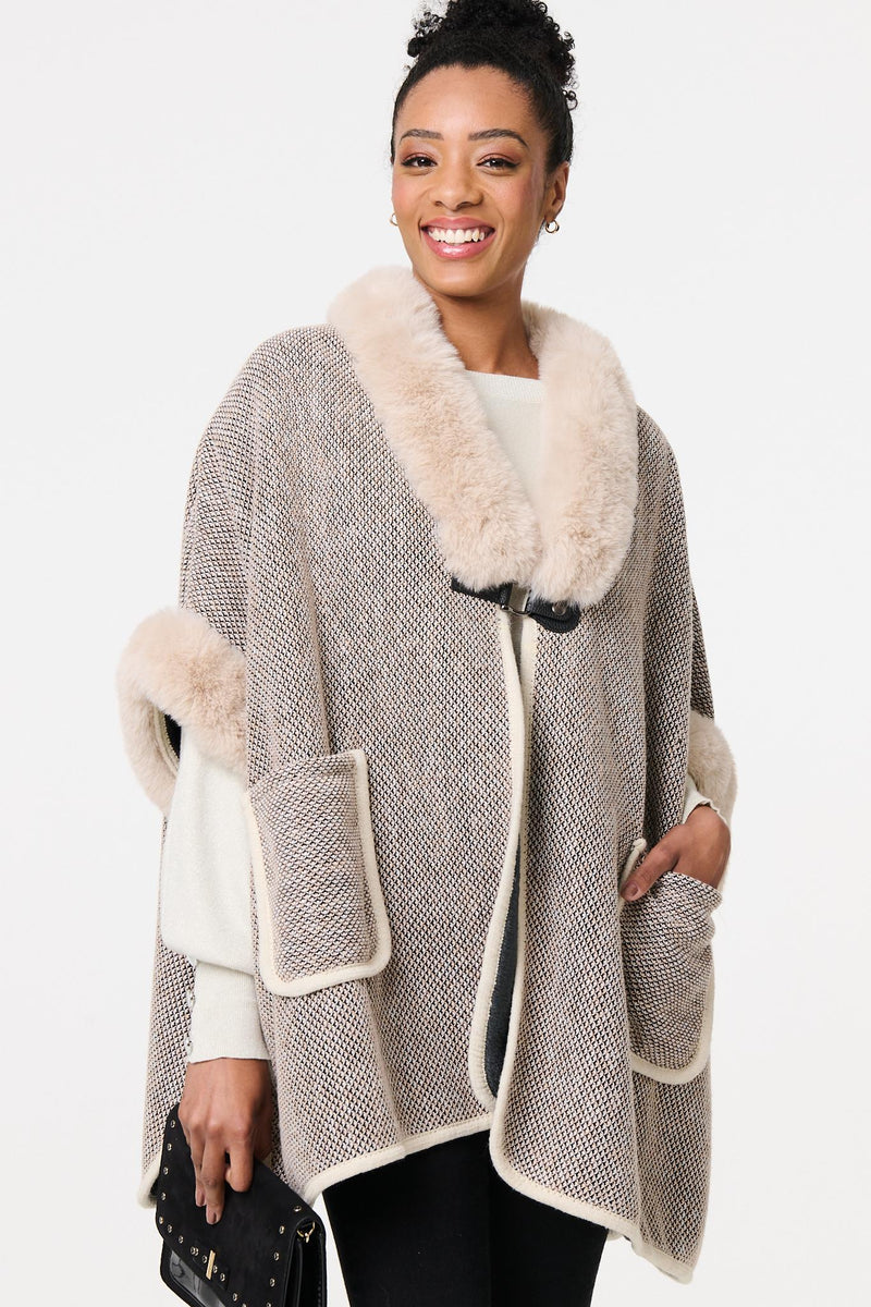 Faux fur poncho with hood deals