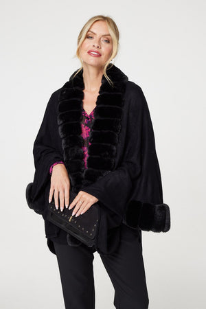 Black | Faux Fur Longline Hanky Hem Poncho

