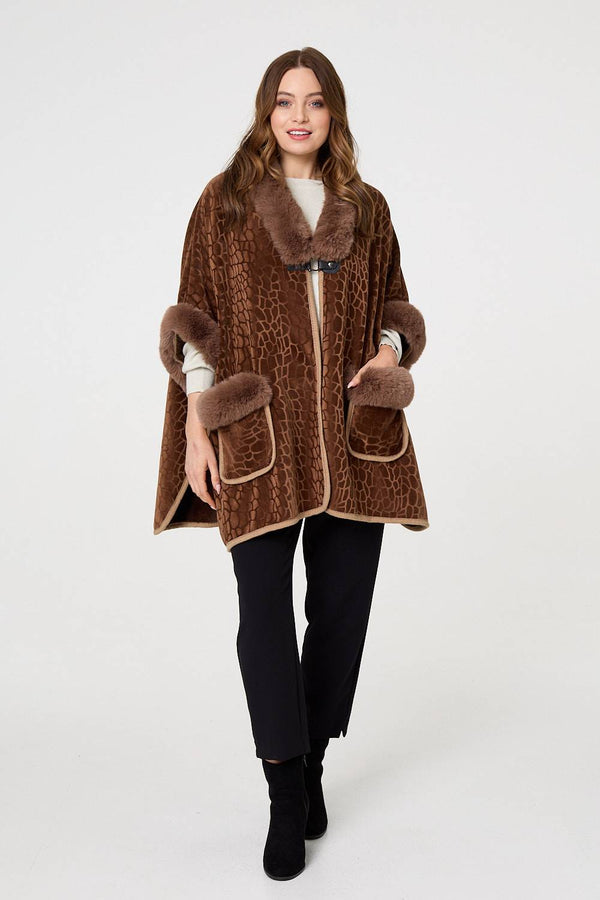 Brown | Printed Faux Fur Trim Cape Coat
