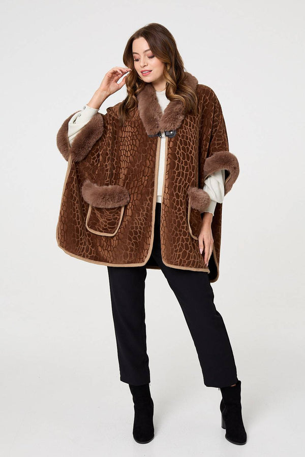 Brown | Printed Faux Fur Trim Cape Coat
