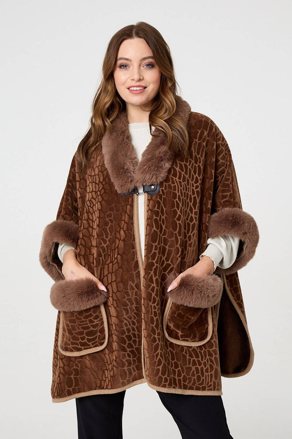 Brown | Printed Faux Fur Trim Cape Coat
