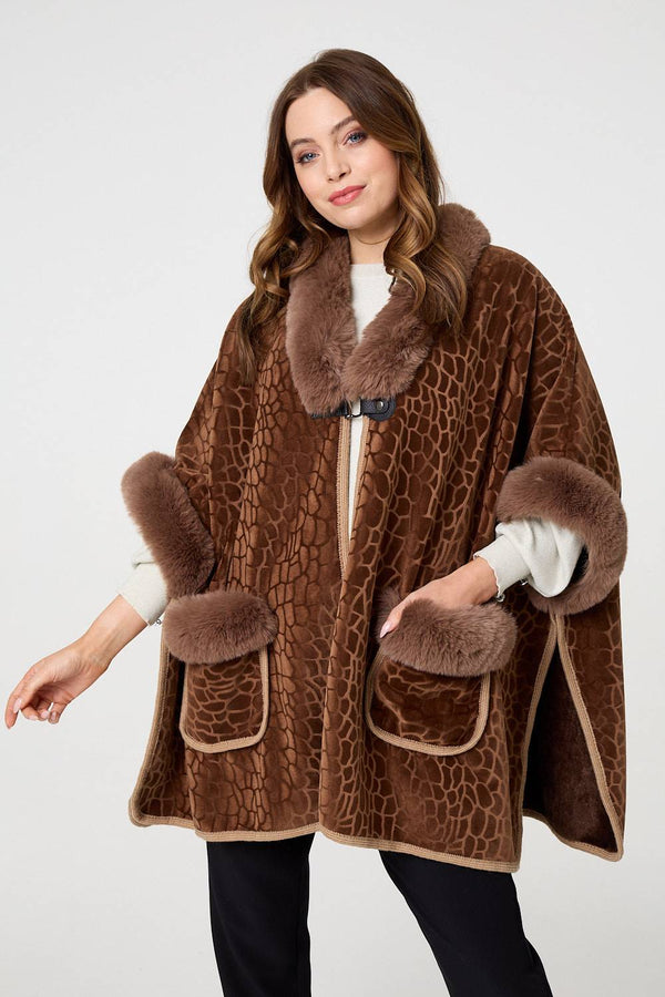 Brown | Printed Faux Fur Trim Cape Coat

