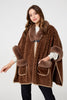Brown | Printed Faux Fur Trim Cape Coat
