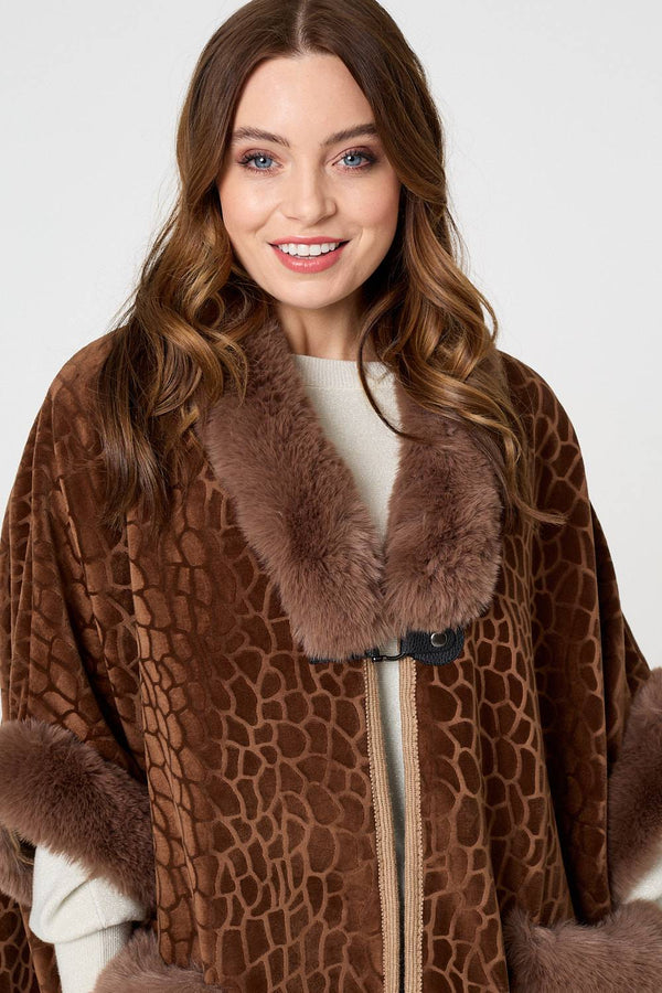 Brown | Printed Faux Fur Trim Cape Coat
