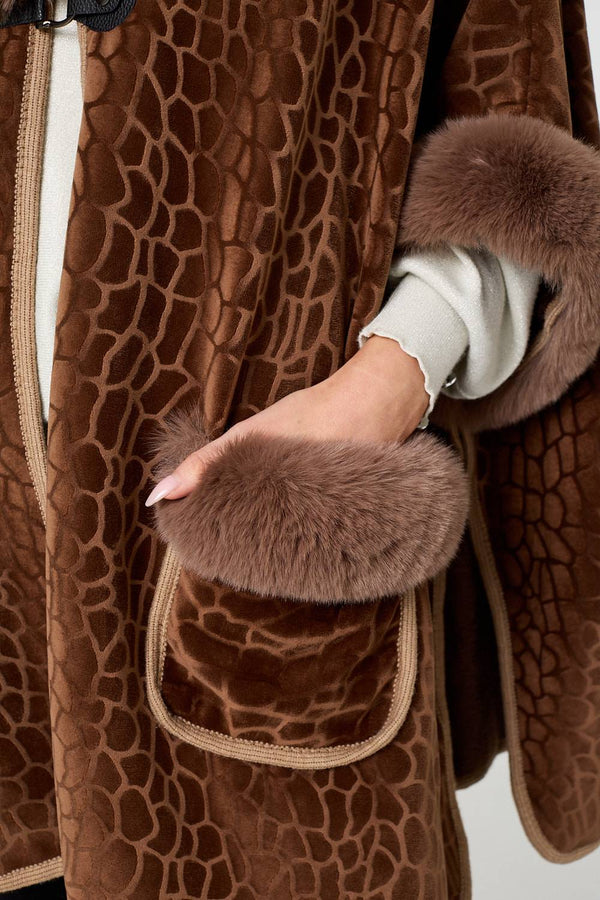 Brown | Printed Faux Fur Trim Cape Coat
