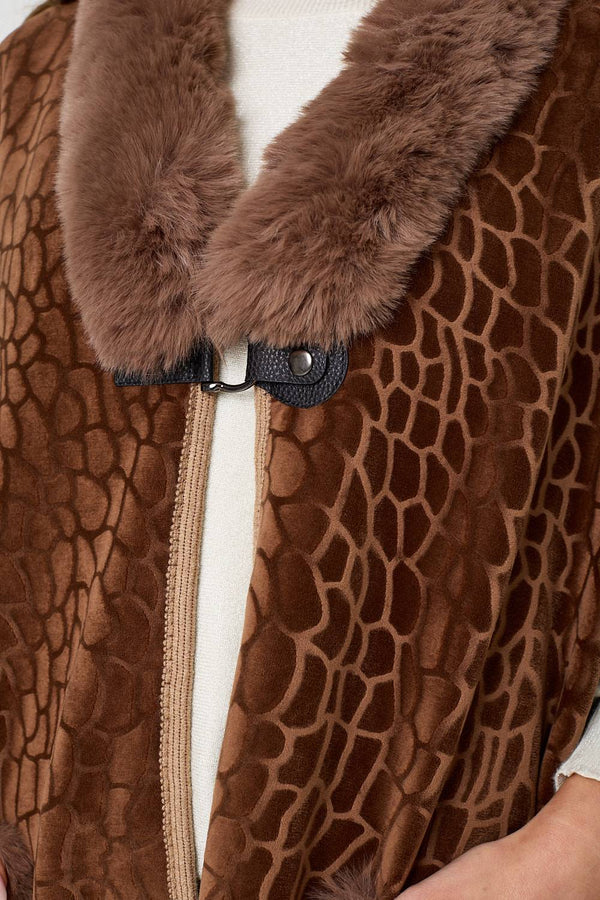 Brown | Printed Faux Fur Trim Cape Coat
