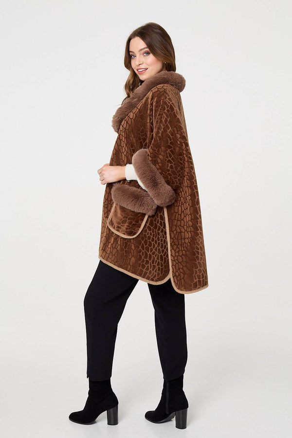Brown | Printed Faux Fur Trim Cape Coat
