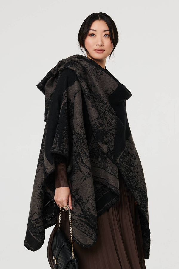 Grey | Border Print Oversized Poncho
