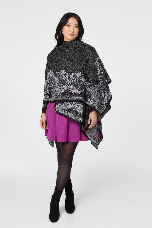 Black | Damask Border Print Relaxed Poncho
