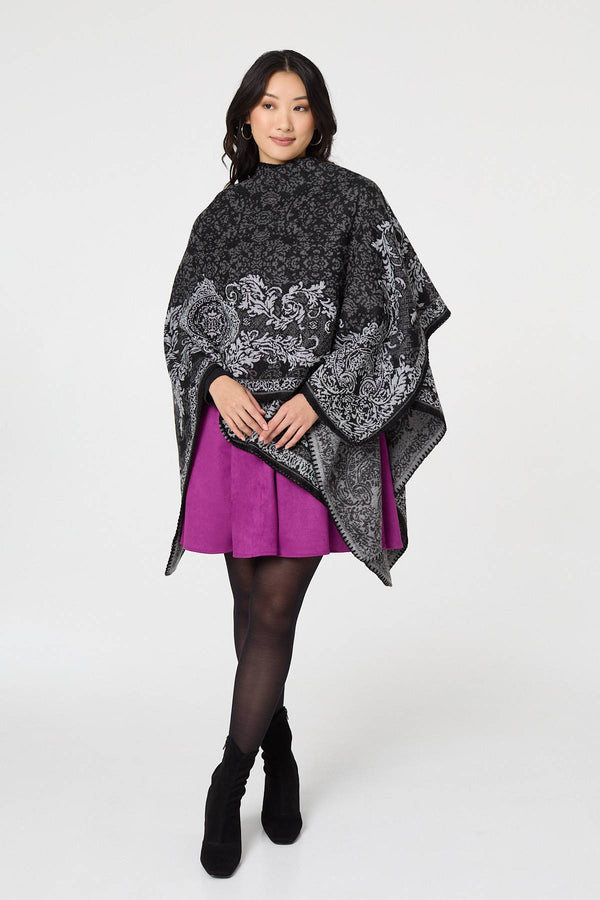 Black | Damask Border Print Relaxed Poncho
