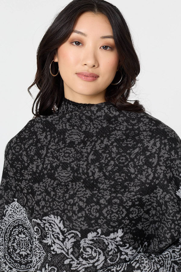 Black | Damask Border Print Relaxed Poncho

