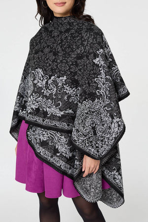 Black | Damask Border Print Relaxed Poncho
