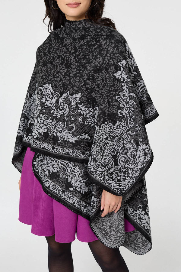 Black | Damask Border Print Relaxed Poncho
