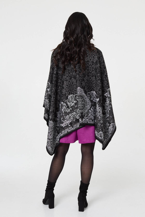 Black | Damask Border Print Relaxed Poncho
