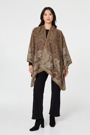 Beige | Printed Open Front Relaxed Poncho
