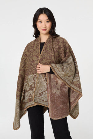 Beige | Printed Open Front Relaxed Poncho
