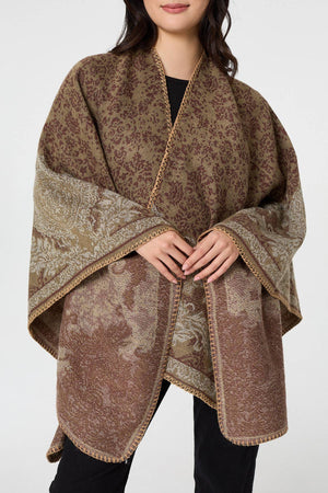 Beige | Printed Open Front Relaxed Poncho
