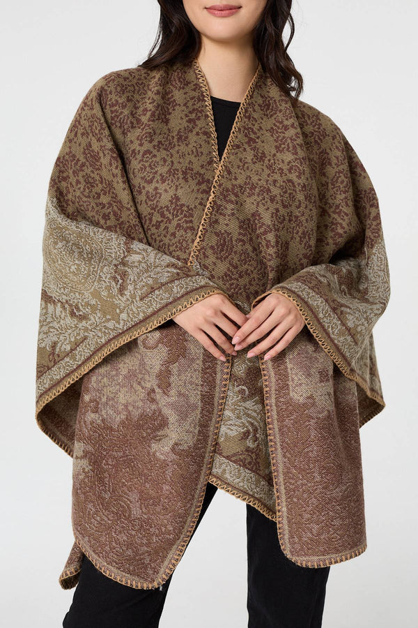 Beige | Printed Open Front Relaxed Poncho
