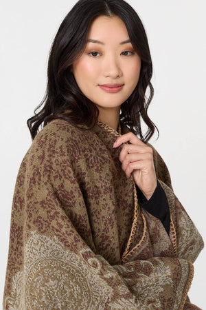 Beige | Printed Open Front Relaxed Poncho
