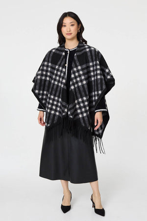 Black | Checked Fringed Oversized Poncho
