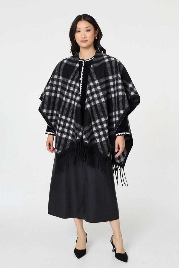 Black | Checked Fringed Oversized Poncho
