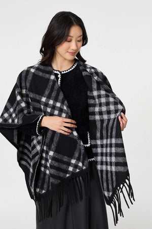 Black | Checked Fringed Oversized Poncho
