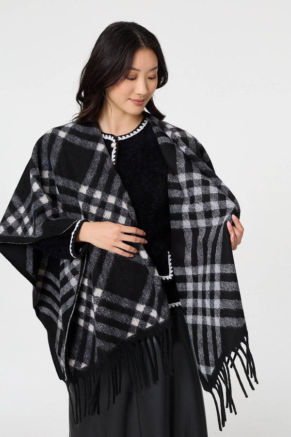 Black | Checked Fringed Oversized Poncho
