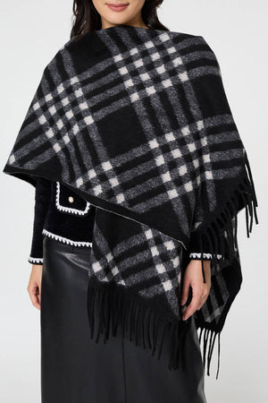 Black | Checked Fringed Oversized Poncho
