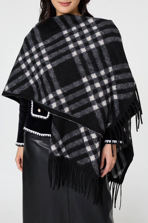Black | Checked Fringed Oversized Poncho
