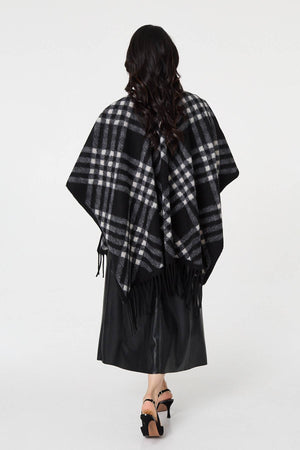 Black | Checked Fringed Oversized Poncho
