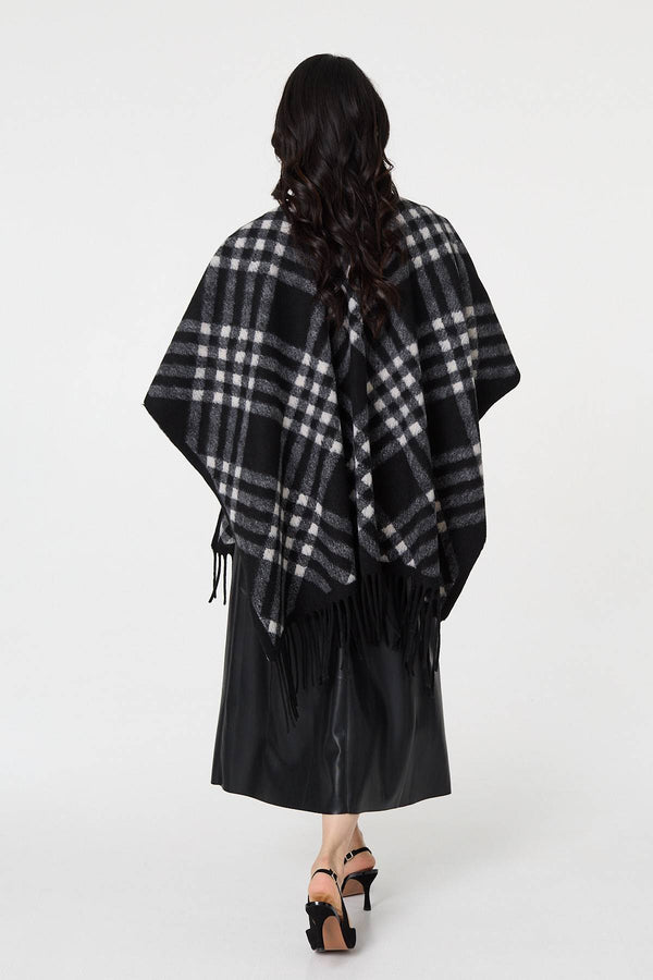Black | Checked Fringed Oversized Poncho
