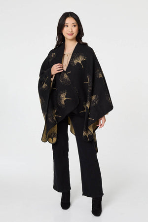 Black | Printed Open Front Oversized Poncho

