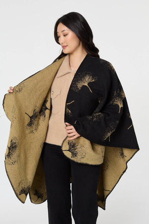 Black | Printed Open Front Oversized Poncho

