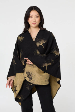 Black | Printed Open Front Oversized Poncho
