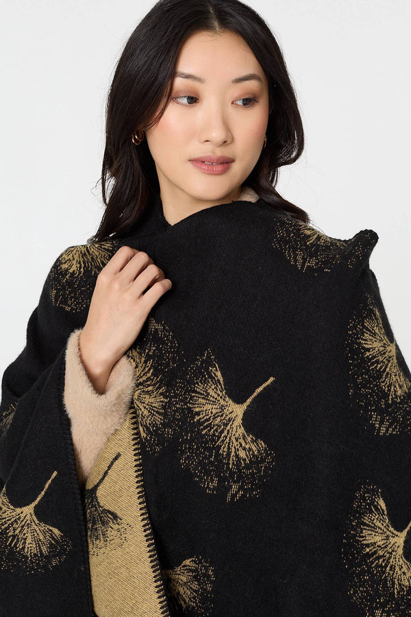 Black | Printed Open Front Oversized Poncho
