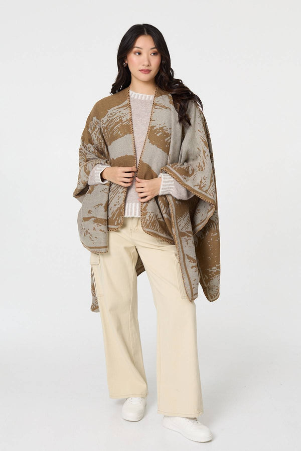 Beige | Printed Oversized Open Front Poncho
