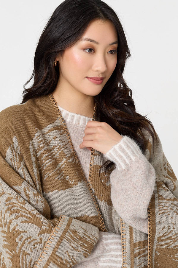 Beige | Printed Oversized Open Front Poncho
