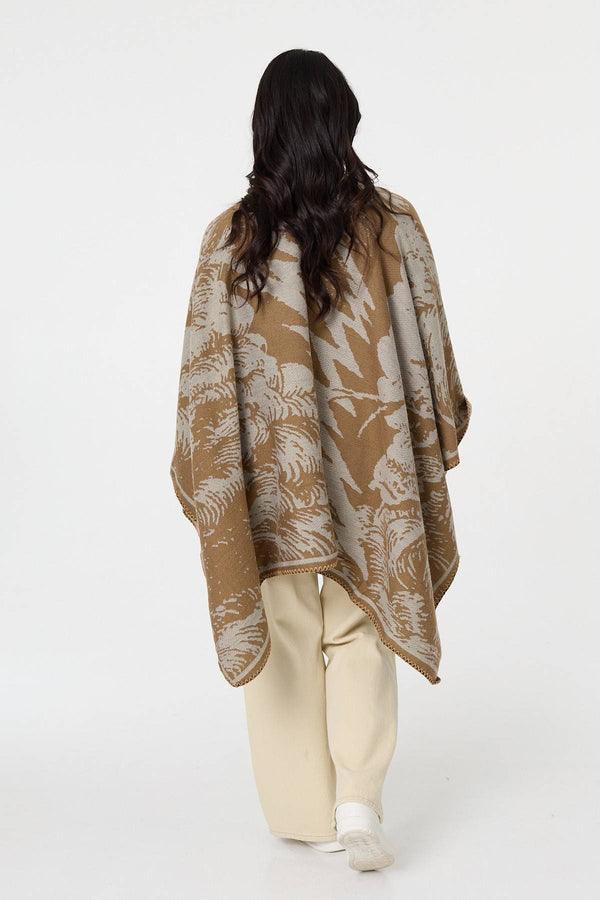 Beige | Printed Oversized Open Front Poncho
