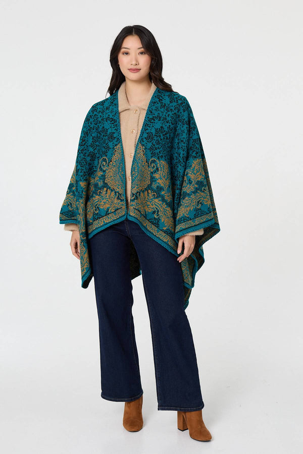 Blue | Damask Print Oversized Poncho
