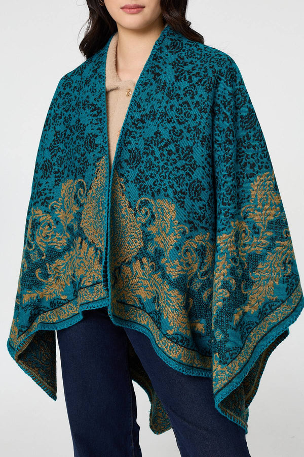 Blue | Damask Print Oversized Poncho
