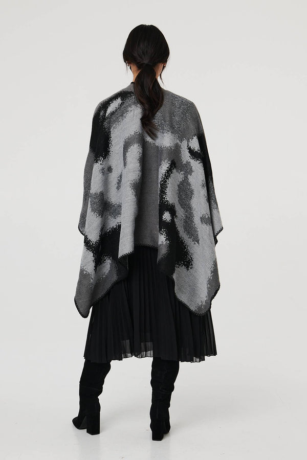 Black | Abstract Print Oversized Poncho
