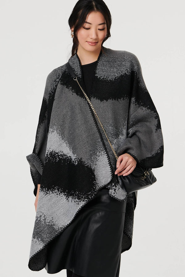 Black | Abstract Print Oversized Poncho
