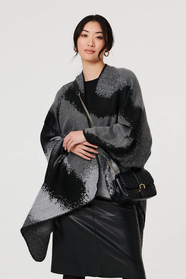 Black | Abstract Print Oversized Poncho
