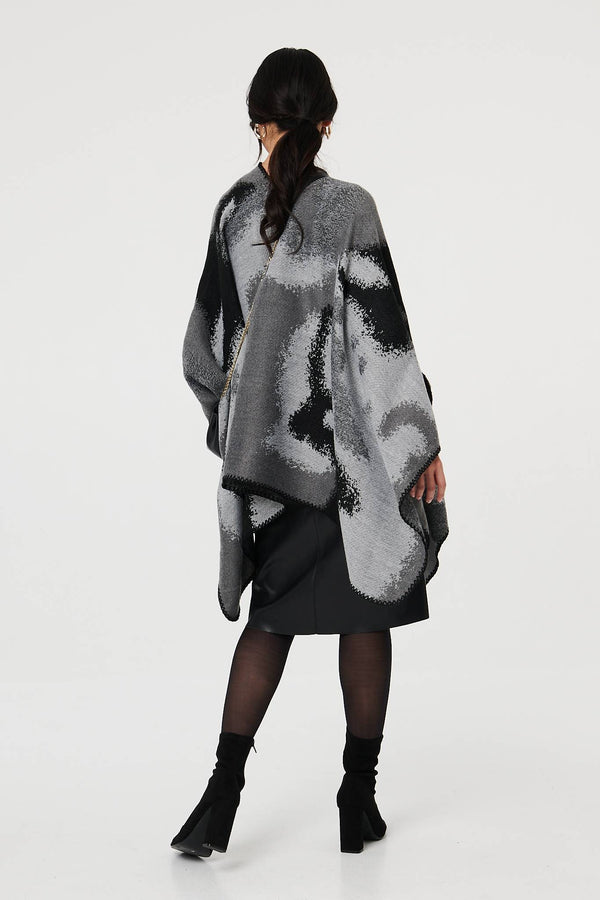 Black | Abstract Print Oversized Poncho
