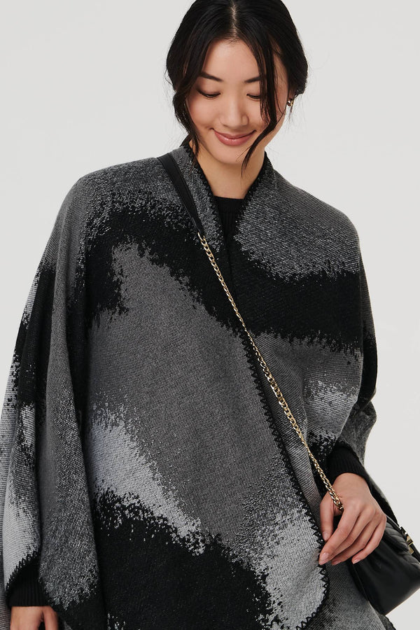 Black | Abstract Print Oversized Poncho
