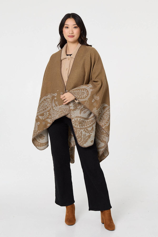 Beige | Border Print Relaxed Open Front Poncho
